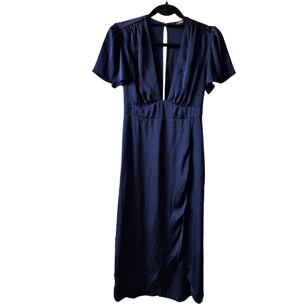 Elegant Navy V-Neck Midi Dress - Unbranded